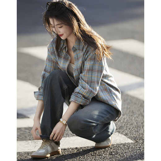 Demana Intellectuals Spring and Autumn Breathing Pure Cotton Retro Plaid Shirt Comfortable and Matchable Flesh Covering Shirt Women's Clothing