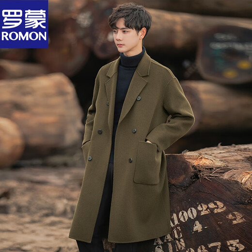 ROMON 100% pure wool coat men's double-sided wool coat high-end wool medium-length autumn and winter thickened windbreaker Military green M