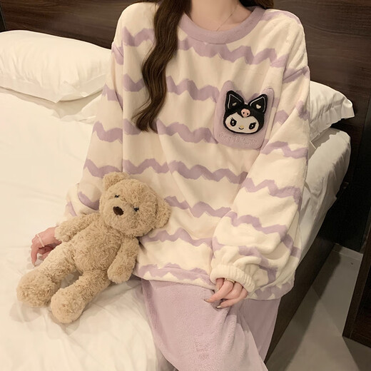婉曼朵法兰绒睡衣少女秋冬季新款加厚加绒珊瑚毛绒圆领凯蒂猫冬天家居服 844# XL