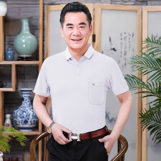 贝吉棋新疆棉夏季短袖t恤棉的男士宽松中老年人翻领带口袋爸爸装大红色 反(领)701宝蓝色 52# 【135-150斤】