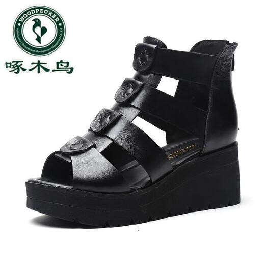 啄木鸟夏季新款皮凉鞋女坡跟女凉鞋黑色厚底松糕底鱼嘴高帮罗马凉靴 黑色 35