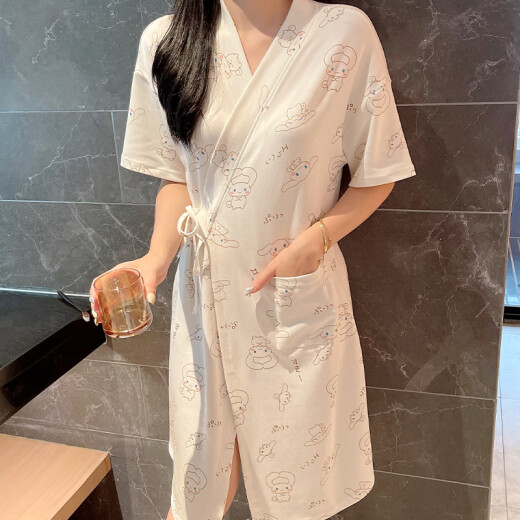 洁丽雅新款和服睡袍女棉质短袖浴袍日系薄款玉桂狗睡衣日式中长款睡裙夏 653 L