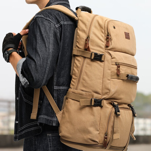 Trendy Generation Rucksack für Männer mit extra großer Kapazität Geschäfts Reisebag Canvas Herren Rucksack Rucksack Outdoor -Gepäcktasche Bergstasche Khaki große Größe [Erweiterbare Kapazität 80 l + Schuhbehälter]