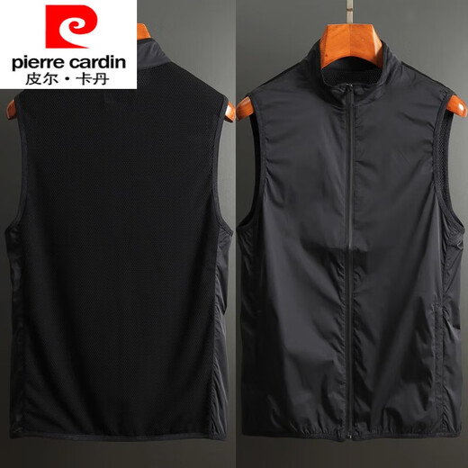 皮尔卡丹（pierre cardin）夏季薄马甲男士韩版潮流百搭马夹立领休闲坎肩镂空网眼外穿背心 黑色 3XL