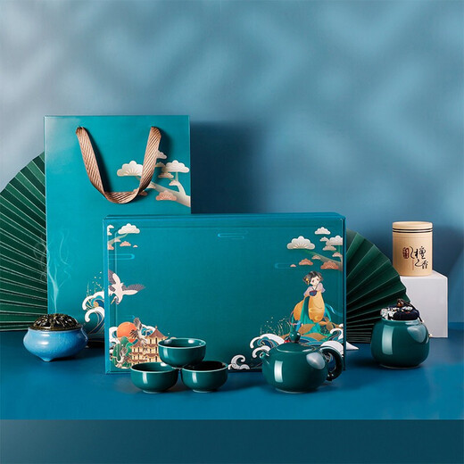 Ai Sheer's Thanksgiving gift is a practical complete set of tea sets, gift box, business souvenir, customer housewarming gift souvenir, celadon tea set tea cup gift box (dark green) 7 pieces, souvenir gift for elders, leaders, men and women, light luxury and practical gift, retirement and military souvenirs