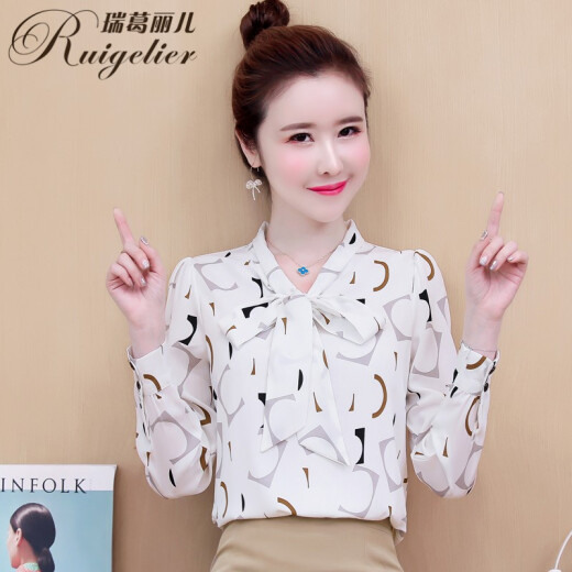 Rui Gelier chiffon shirt women's long-sleeved 2021 spring and summer Korean version loose and slim bow tie printed chiffon shirt top fashion versatile double-layer anti-exposure shirt women's white 8679L [recommended 105-115 Jin [Jin equals 0.5 kg]]