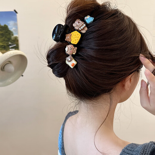 Songchuang Mengyu Cute Cartoon Biscuit Clip Women's 2024 New High-Quality Hair Clip Back of the Head Spring and Summer Shark Clip Headdress Biscuit-Black Clip (11cm)