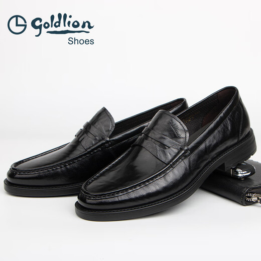 Goldlion Men's Shoes 2025 New Autumn Men's Leather Shoes Business Slip-on Light Sole Slip-On Black Loafers Black Hand Scratch Pattern 38 The size is too large, it is recommended to choose one size smaller