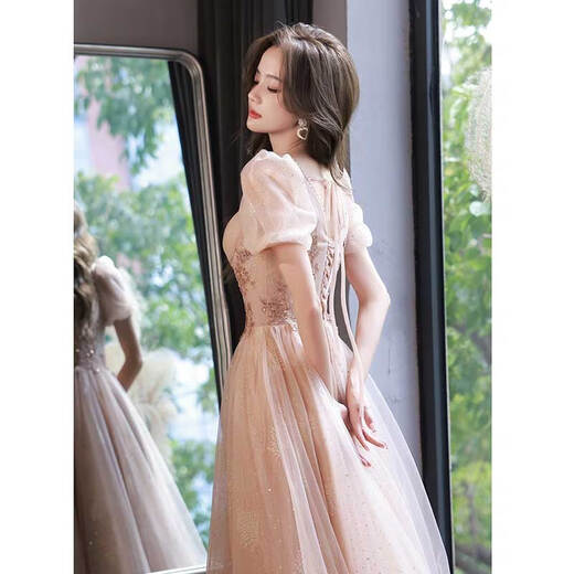 
Seidler French evening dress 2025 new style light luxury niche high-end banquet host Beautiful vocal art exam solo female light nude pink long style S (recommended 86-95 Jin [Jin equals 0.5 kg])