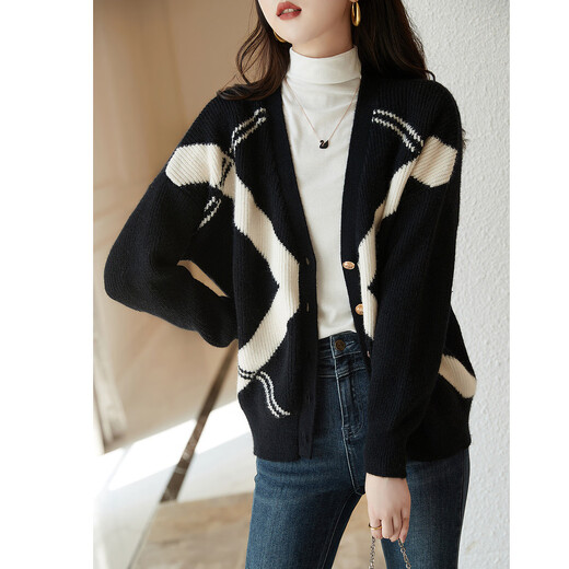 Demana v-neck sweater Autumn and winter V-neck loose off-shoulder long-sleeved color-blocked simple sweater for women