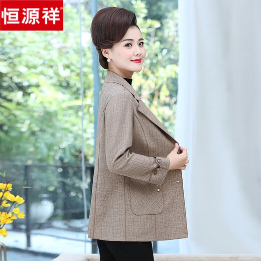 恒源祥2024新款中年妈妈西装外套女春秋短款薄款40岁50中老年人春装上衣 983-卡其色 3XL 建议120-135斤