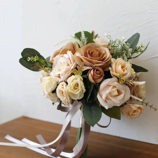 [New recommendation] Retro champagne brown bridesmaids wedding bouquets wedding travel photography simulation Three lives Three lives White + Champagne Peony bouquets