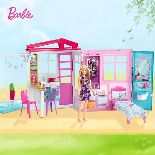 【7成新】芭比(Barbie)儿童玩具女孩礼物过家家玩具小公主洋娃娃城堡别墅换装娃娃房子-芭比娃娃之闪亮度假屋FXG55