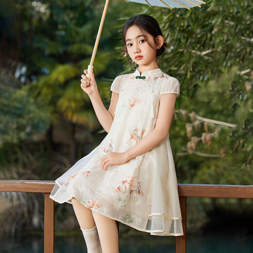 
ASK JUNIOR Chinese style new Chinese style girls skirt summer children's thin mesh dress embroidered princess skirt off white 140