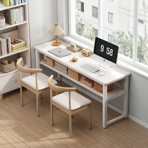 Min Yu Long Table Narrow Table Home Long Table Work Table Simple Desk Simple Computer Desk Writing Desk Rectangular Table Double Layer Warm White + White Frame 120cm