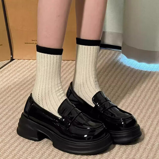 RXXBFB thick-soled loafers women's 2025 spring and summer new high-end women's singles shoes jk uniform with skirt British style leather shoes gloss black 38 (240mm)