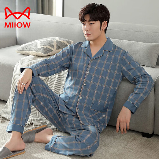 Cat Man (Miiow) Pajamas de algodón puro de manga larga de manga larga de manga larga y de manga larga de manga larga y otoño de pijama masculino de gran tamaño, otoño e invernal, ropa para el hogar MZ3523 XL [130-150Jin [Jin equivale a 0.5 kg]]