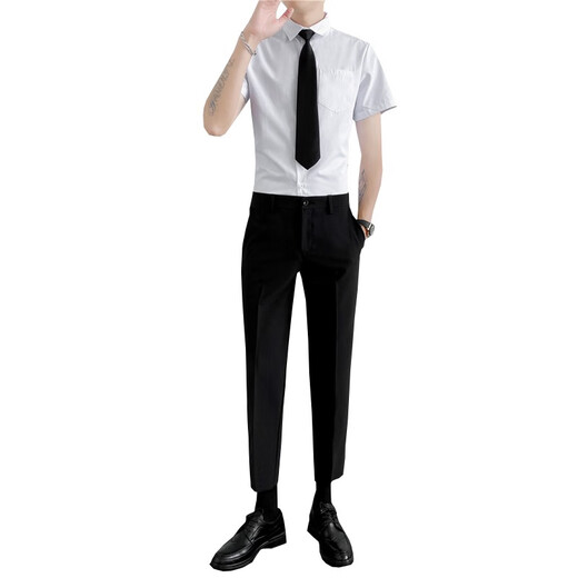 Xinghelai Summer New Herren kurzärmeliges weißes Hemd plus Hose Set Professionelles Hemd gutaussehende Business formelle Arbeitskleidung + Neun-Punkte-Hose + Krawatte L.