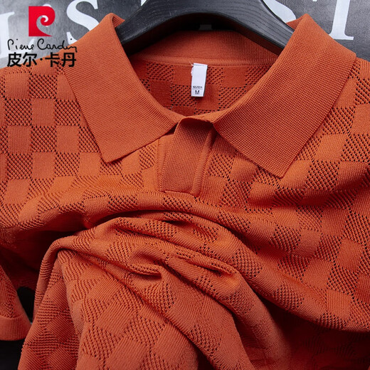 Pier Cardin Einfache hohle atmungsaktive Sommer Dünne Orange Waffel Polo atmungsaktives Hemd kurzärmelige Männer schlanker elastischer Flip Bns9757-Orange XL