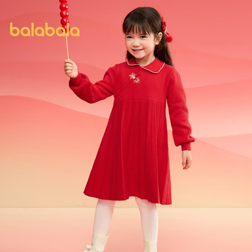 Balabala girls new Chinese style knitted dress 2025 spring red pleated princess New Year skirt 208125111001