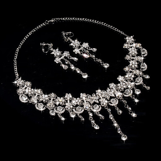 Rongxia Korean exquisite bridal jewelry necklace and earrings set party dress wedding dress diamond jewelry silver necklace + ear needles