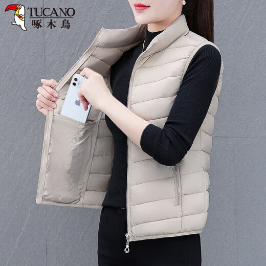 Woodpecker (TUCANO) Vest Women's 2022 New Vest Women's Waistcoat Women's Lightweight Down Cotton Style Autumn and Winter Outerwear Women's Vest Jacket Fashionable Apricot XL_ (Recommended 100-115Jin Jin equals 0.5 kg)