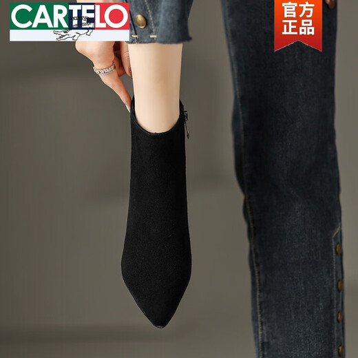 CARTELO crocodile (CARTELO) genuine leather frosted suede short boots for women spring and autumn single boots thick heel high heel ankle boots pointed toe side zipper slim boots black velvet lining 37