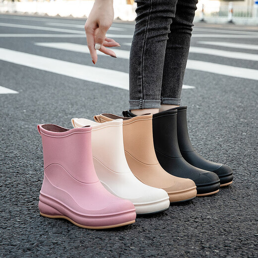 小回力家日系雨鞋女款时尚外穿防滑雨靴国潮新款工作胶鞋女士漂亮水鞋 858-1米白不加棉 标准码 36