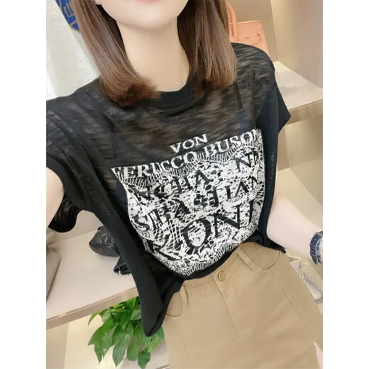 宜惜绮2023夏季新款凉感短袖t恤女宽松显瘦字母T薄款冰丝针织衫蕾丝上衣 白色 均码（80-135斤）