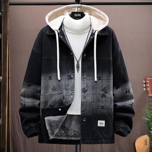 Yimuqi Fausse veste à capuche en deux pièces pour hommes Automne et hiver plus veste en jean en velours pour les hommes adolescents American Retro Cotton Cotton Cotton 9856 Black Plus Velvet 10xl M Environ 90-105 Jin [Jin est égal à 0,5 kg] peut être usé