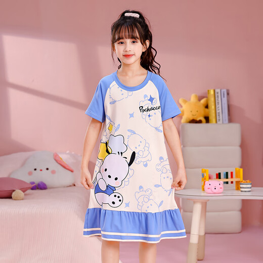 Mädchen Nachthemd Sommer reines Baumwoll kurzärmeligte Pyjama Kinder Mädchen Mittelkind Dünne Cartoon Kulomi Home Kleid GB6189 Blau Parcado Big Boy 24 Größe Höhe 155-165cm120jin [Jin gleich 0,5 kg]