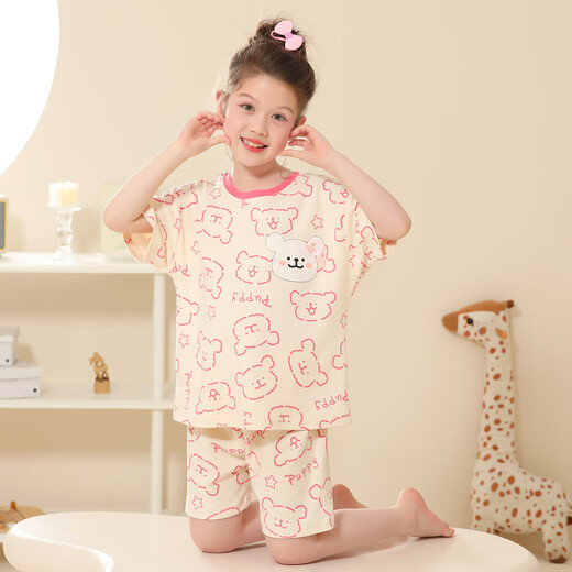 Nuodun summer thin children's pajamas girls short-sleeved shorts medium-sized children's girls 100% pure cotton baby home clothing set A5012 girls 130