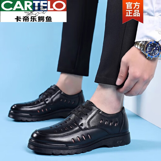 
CARTELO brand sandals men's summer genuine leather breathable casual leather shoes for men's hollow hole shoes soft sole dad's shoes 6627 black hollow inner height increase 38