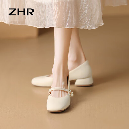 ZHR Single -Schuhe für Frauen mit flachen Munddicke dicke Absätze Mary Zhen Frauenschuhe Temperament Vielseitige Schuhe für Frauen CG71 Beige (klassisch) 36