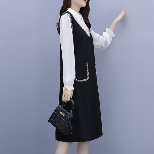 Shanidoluo large size women's spring and autumn clothing new style fat MM fat man looks slim and covers belly fake two-piece dress 16753 black 2XL recommended 130-150Jin [Jin equals 0.5 kg] wear