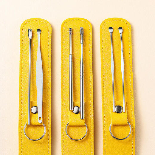 Han Meichen ear scoop six-piece set of ear picking tools stainless steel ear scoop leather bag cleaner household portable yellow light-emitting ear scoop ear scoop 6 pieces yellow leather set.
