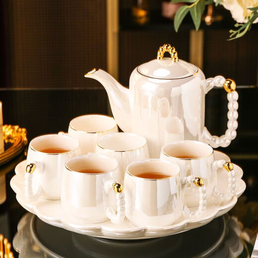Ruishun Light Luxury Water Set Tea Cup Set Cup Tea Set Water Set Home Nordic Style Housewarming Gift Large Capacity Water Cup Pearl White Lace Rotating Tray (Gift Box)