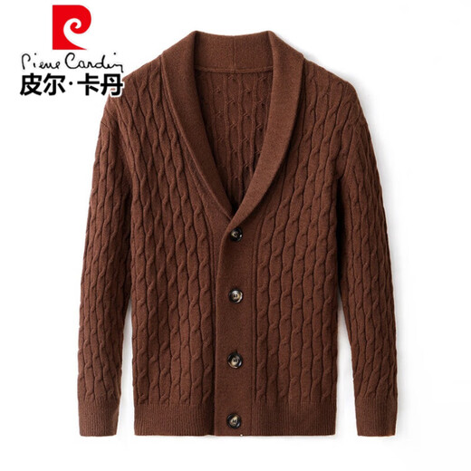 
Pier Cardin wool knitted cardigan men 100% pure wool autumn and winter thickened V-neck casual loose rope sweater jacket men coffee M size 48