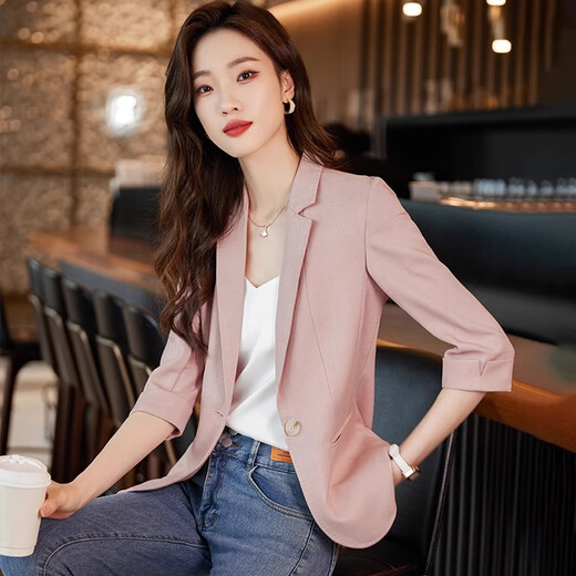 Jian Ting pink suit jacket for women summer thin 2026 new mid-sleeve temperament high-end small suit three-quarter sleeve pink suit M