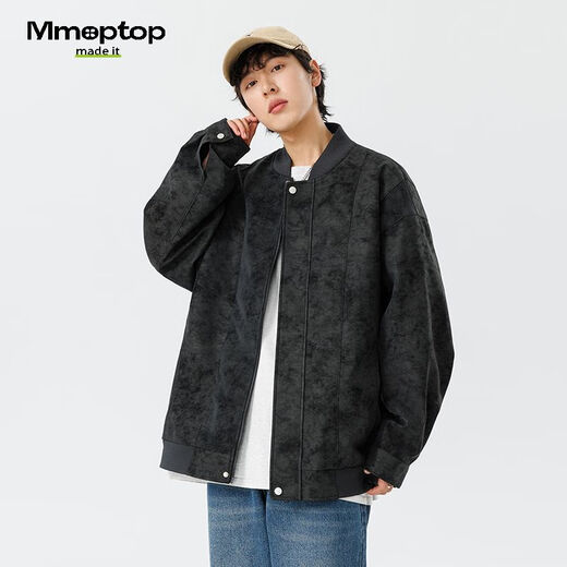 MMOPTOP American PU leather baseball jacket men's spring and autumn trendy handsome work jacket top 6211 black M