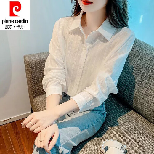Pierre Cardin 2025 new pure cotton long-sleeved striped shirt spring and autumn new design niche tops casual shirts for women white 2XL recommended 120-130Jin Jin equals 0.5 kg