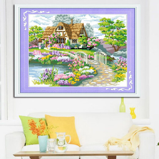 Jili 2025 new cross stitch cotton thread embroidery restaurant series embroidery beautiful home bedroom romantic cottage large grid middle grid 3 strand thread embroidery [50x43 cm] + scissors