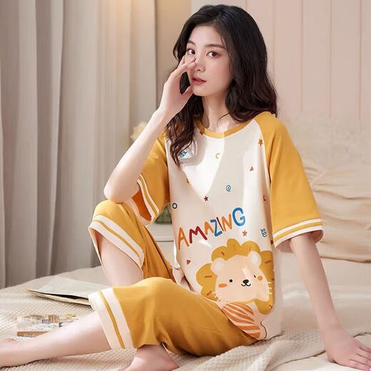 Langsha-Pyjama für Frauen im Sommer 2025 Neuer kurzärmeliger Anzug loser Frühling und Sommer können außerhalb von Heimkleidung getragen werden. Kurzärärmelte geschnittene Hosen 677 2xl empfohlen 125-135jin [Jin ist 0,5 kg]