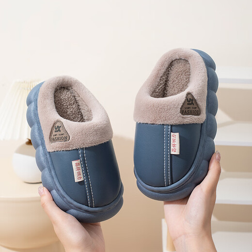 哈肥猪亲子冬季棉拖鞋男女童踩屎感软底防滑PU防水皮面家居加绒保暖棉鞋 三角T-藏青 34 -35内长21CM