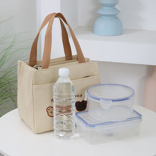 Pengjing Chinese Valentine's Day Canvas Lunch Box Handbag Canvas Bag Work Lunch Box Large Capacity Simple Simple Office Worker Student Versatile Mummy Three Bears Bag Khaki