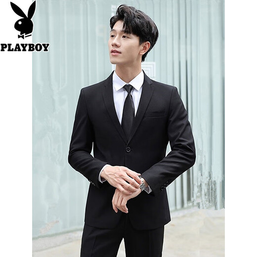 Playboy Suit Men's Korean Slim Top Jacket Groomsmen Wedding Business Professional Formal Small Suit Men Two-button Black Top + Shirt + Tie + Tailor-made Pants 2XL