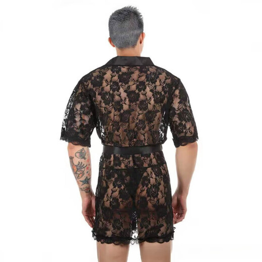 
Men's sex nightgown for men super sexy lace transparent thong bathrobe home clothes set perspective tempting sex toys black XXL
