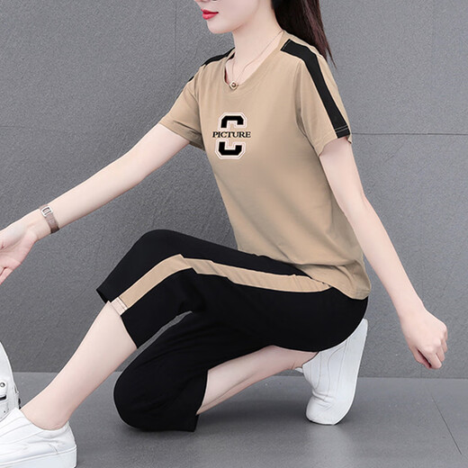 
NY-EMMA sports suit for women short-sleeved summer thin high-end fashionable age-reducing cotton casual and fashionable running suit two-piece set 687 maroon (crop pants set) M (recommended 80-95 Jin [Jin equals 0.5 kg])
