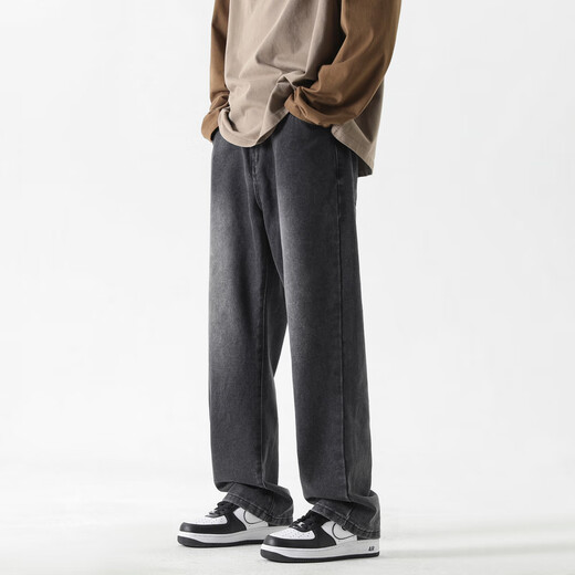 Dingfengbaoluo American jeans men's winter high street straight-leg loose plus velvet thickened wide-leg trousers DFS05JR black gray L