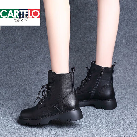 卡帝乐鳄鱼（CARTELO）时尚百搭真皮马丁靴女2025新款秋冬季单靴厚底加绒短靴女鞋 黑色【加绒】 36